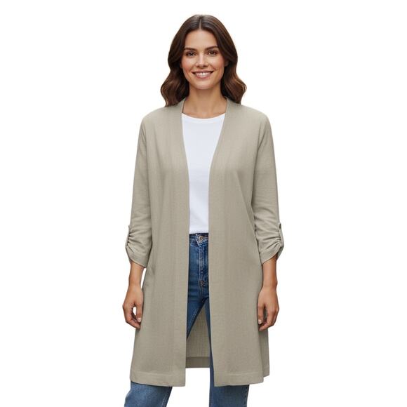 Soft Surroundings Women’s Oceo Gauze Open Front Topper Pebble Taupe Large - Picture 1 of 12